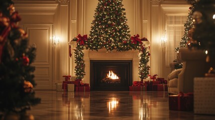 Interior with a tall glowing tree near a fireplace adorned with evergreen garlands.