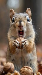 Fototapeta premium Cute Squirrel Eating a Walnut in the Forest