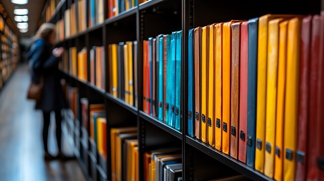 Books on shelves in a library with a person browsing in the background.