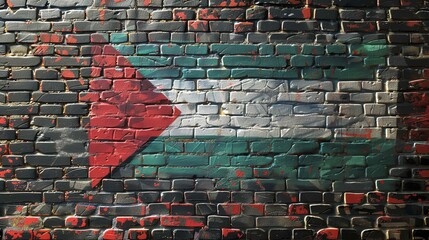 Palestine flag painted on a brick wall. Solidarity with Gaza, Palestine