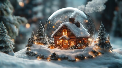 Charming snow globe cottage with snow-covered trees, warm lights, and winter atmosphere.