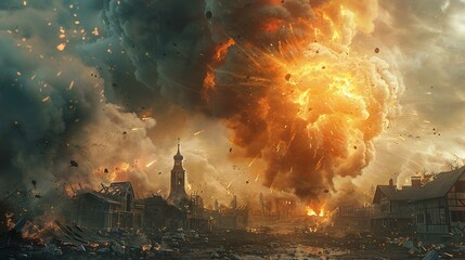 Destruction, flames and smoke caused by war