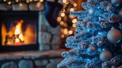 Interior with a tree covered in silver and blue lights by a stone fireplace.