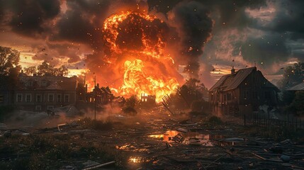 Destruction, flames and smoke caused by war