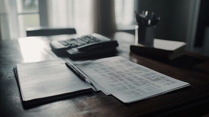 A desk with papers, a phone, a book, and a pen on a wooden table.