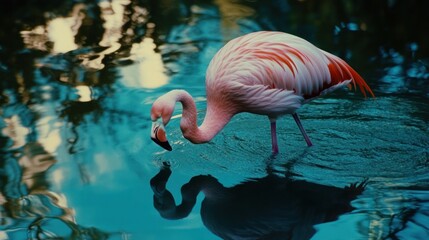 A single flamingo stands in shallow water, its reflection visible in the turquoise water.