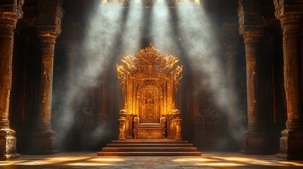 Golden throne in an ancient temple with dramatic lighting and mystical atmosphere.