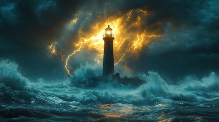 Mysterious lighthouse in stormy sea with dramatic lightning and turbulent waves.