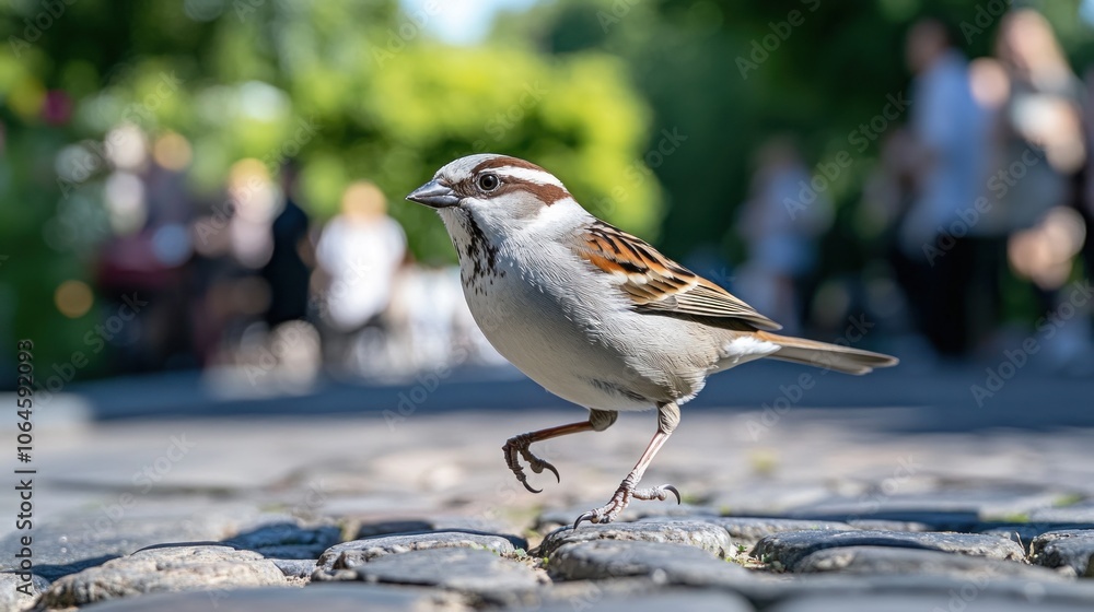 Poster a sparrow stands on a cobblestone path with blurry people in the background.