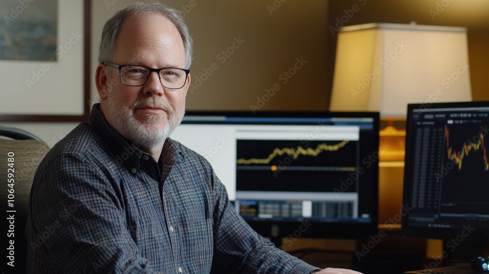 Poster a mature man with a beard and glasses sits in front of two computer monitors displaying stock market