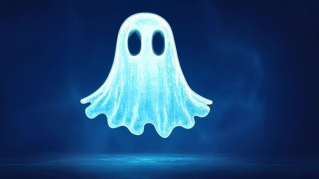 A glowing ghost with bright blue hues, floating in a dark