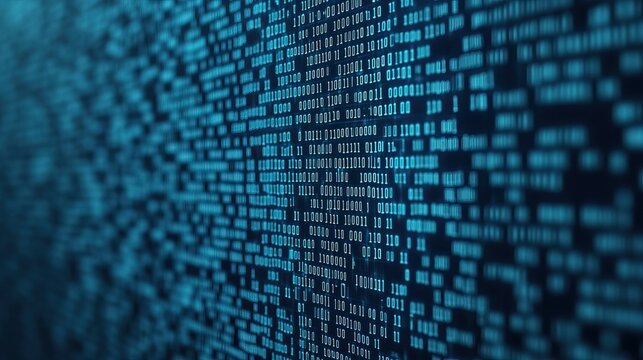 A visually striking background featuring abstract binary code in shades of blue, representing digital technology and data processing.