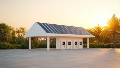 Naklejka premium A modern solar-powered charging station surrounded by greenery, set against a warm sunset, designed for electric vehicles.