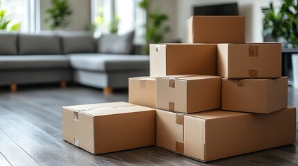 Stacked cardboard boxes in a modern living room setting.