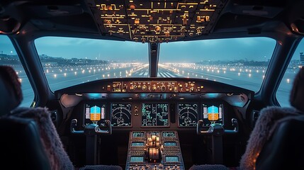 Airplane Cockpit View with Runway Lights at Night