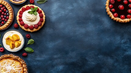 A colorful array of desserts, featuring various fruit tarts and creamy treats, artistically arranged on a textured blue background.