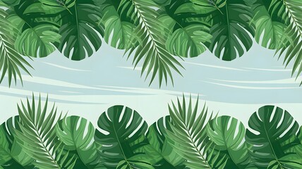 An illustration of a tropical leaf pattern with lush green palm leaves on a light, airy background.