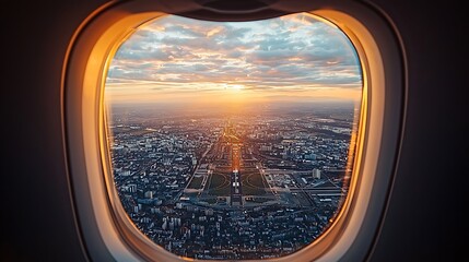 Fototapeta premium Airplane Window View of Sunset Over City and Airport Runway