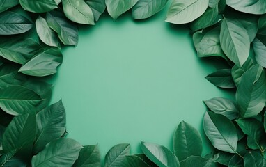 Fototapeta premium A circle of lush green leaves frames a solid green background, creating a natural and calming aesthetic.