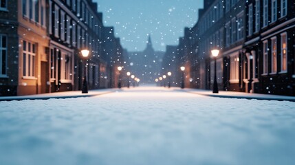 A serene, snowy street scene at dusk, illuminated by gas lamps, creating a magical winter atmosphere with gently falling snow.