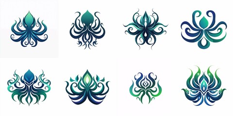 Fototapeta premium A contemporary kraken logo showcases abstract tentacles in blue and green, wrapping around a minimalist central emblem against a white background.