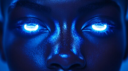 Close-up portrait of a person's face with glowing blue eyes.