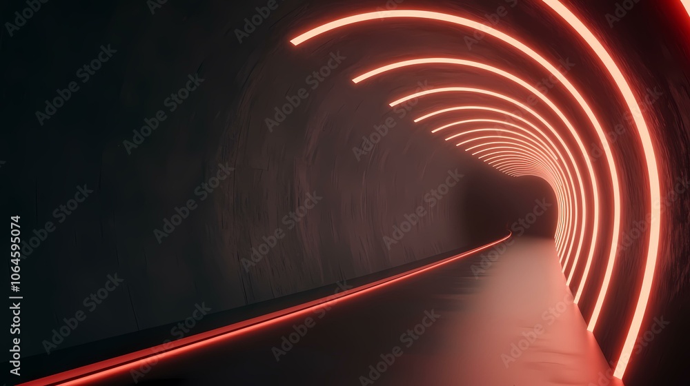 Poster a dark tunnel with glowing red neon lights on the walls creating a futuristic and abstract feel.