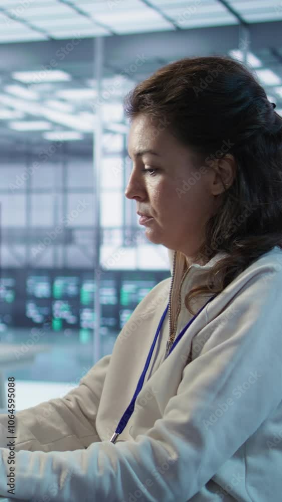 Poster portrait of smiling technician programming in ai data center used for machine learning training. che