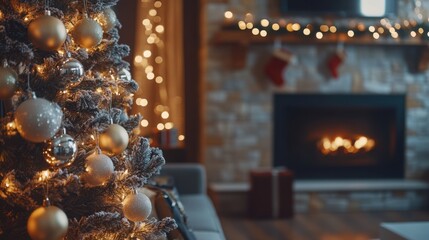 Merry Christmas living room with a sparkling tree and a stone fireplace adorned with garlands.