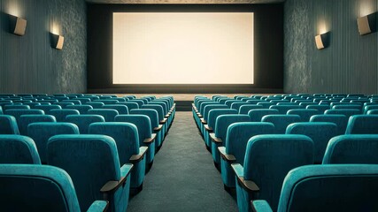A modern cinema interior featuring empty teal seats facing a large blank screen