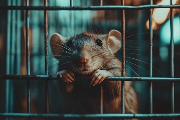 Obraz premium A curious rat peers through the bars of its cage, showcasing its inquisitive nature in a dimly lit environment