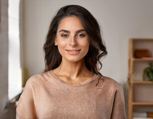 Portrait of Young Beautiful Woman in Sustainable Minimalist Clothing Indoors