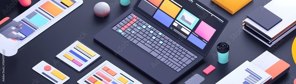 Aufkleber laptop with colorful ui design elements on a desk