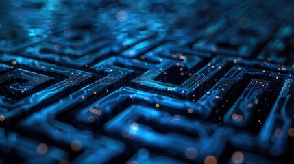 Explore the Intricate Maze of Digital Circuits Illuminated in a Captivating Blue Glow
