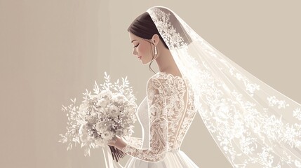 A bride in an exquisite lace wedding gown and delicate veil, holding a lovely bouquet, showcased in a front view illustration.