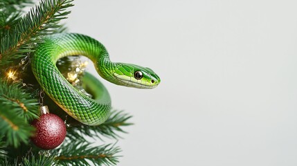 Fototapeta premium A vivid green snake coiled around a Christmas tree adorned with ornaments, showcasing the unexpected blend of wildlife and holiday decor during the festive season