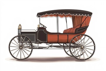 Front view illustration of a classic horse-drawn carriage featuring intricate wheels and an elegant design, set against a white background.