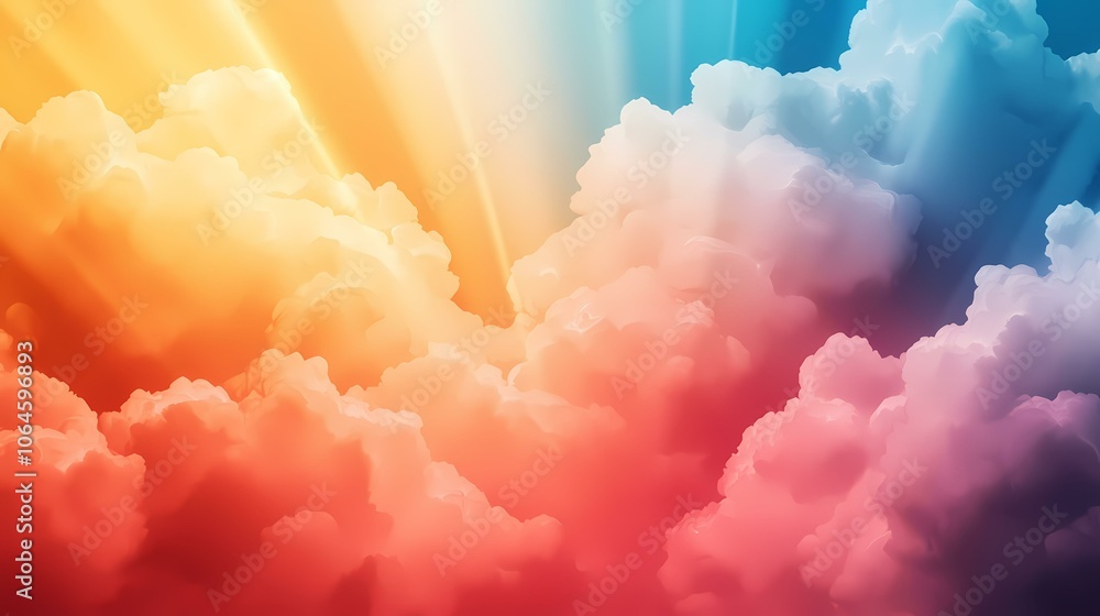 Poster the image is an abstract piece with a soft, dreamy feel. it features a colorful sky with clouds in s
