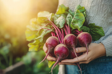 A person holding freshly harvested beets with green leaves in a garden setting.