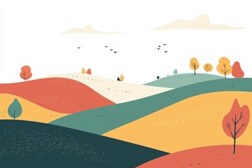 Naklejka premium Vibrant illustration depicting a picturesque countryside landscape with rolling hills, dotted trees, and an expansive sky, set against a white background.