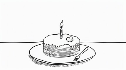 Minimalistic single line drawing of a birthday cake with candle, simple flat art vector illustration on white background, high resolution, elegant and modern design for greeting cards and invitation.