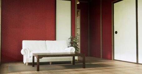 The interior color Red room inteior with tatami mat floor.3D rendering