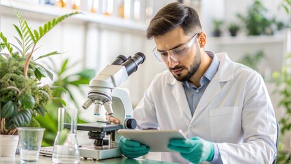 Fototapeta premium Scientist Analyzing Samples with Microscope in Green Laboratory..