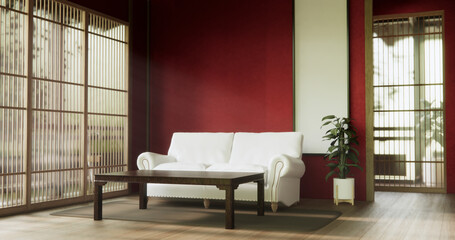 The interior color Red room inteior with tatami mat floor.3D rendering