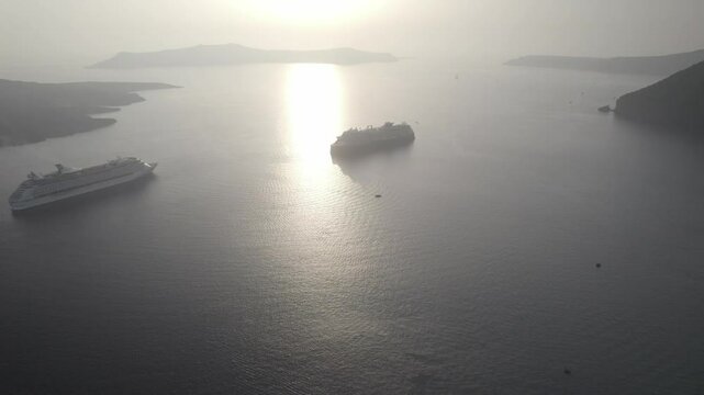 High above two cruise ships with islands 4k drone footage Dlog 10 Bit ungraded