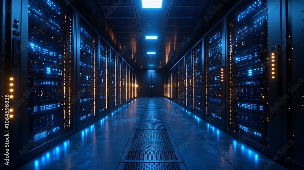 Poster office server room glowing security shields and encrypted connections between servers representing t