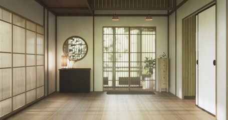 Clean modern japanese traditional style wooden design minimalist room interior, 3D rendering