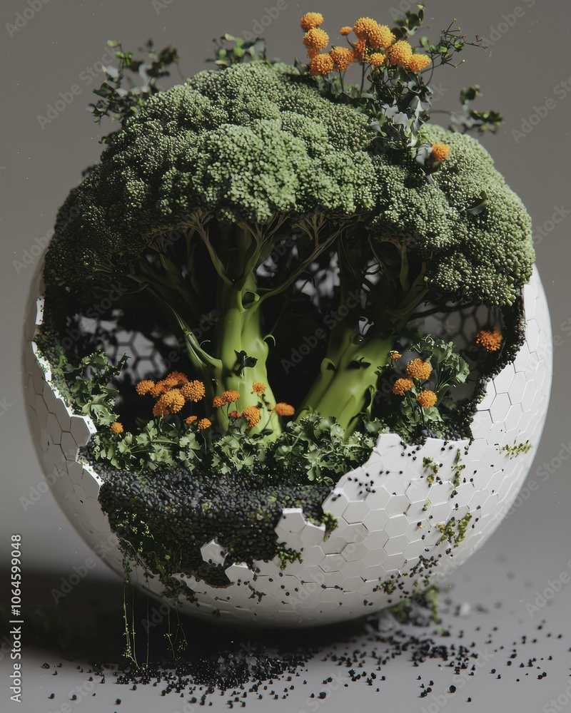 Poster a 3d rendering of a sphere with a complex, organic texture. ai.