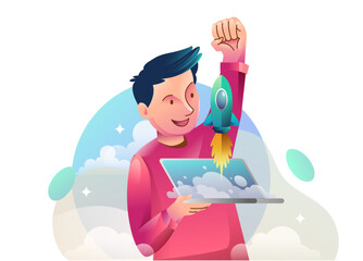 Business concept illustrations. Startup Business, Successful startup management, online communication, e-commerce, project management, finance and marketing.