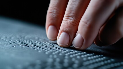 Fingers gently trace over a Braille page, feeling the raised dots, AI